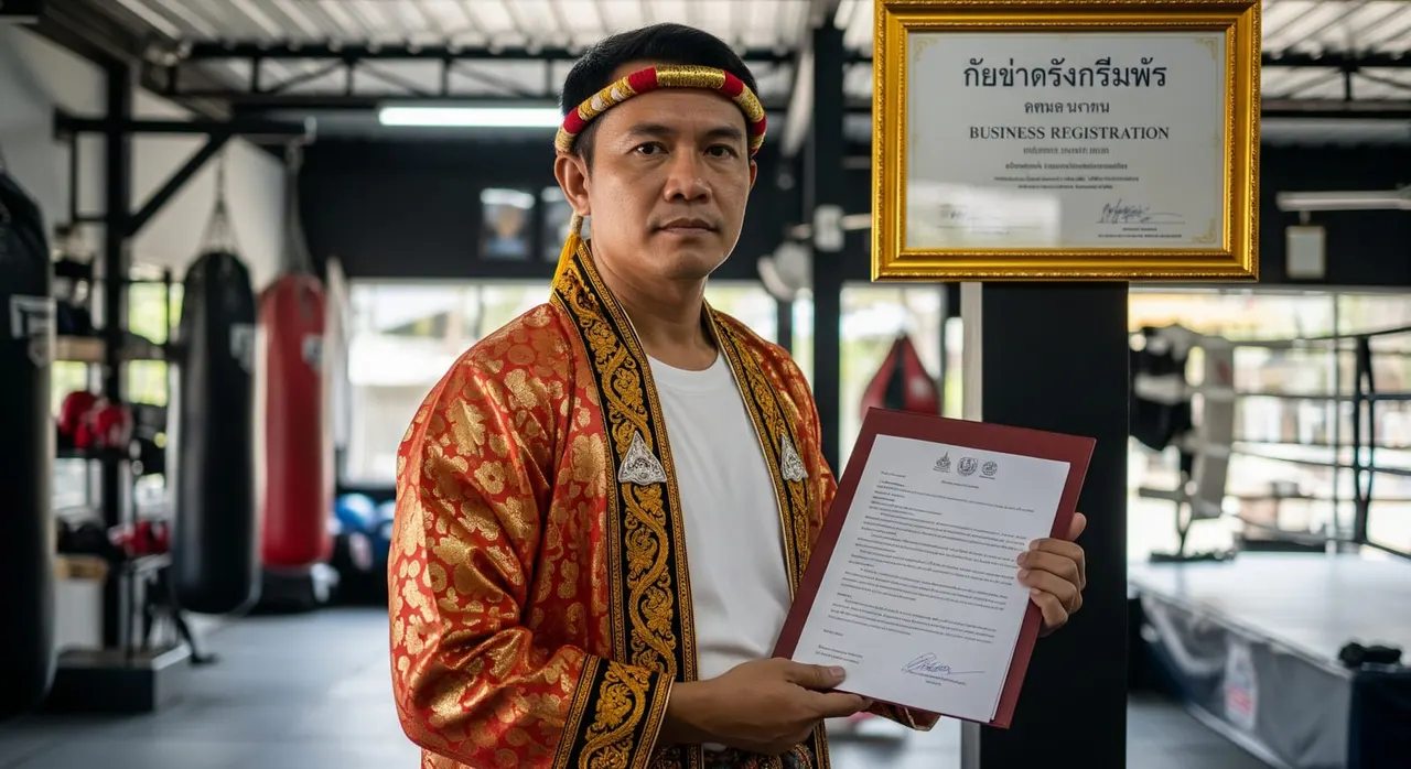 A Muay Thai trainer in traditional attire holding a legal document folder, standing in a Thai gym with a business registration certificate visible on the wall.