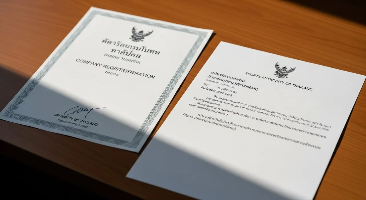 A clear color scan of a Thai company registration certificate and a Sports Authority of Thailand recognition letter, laid out neatly on a desk.
