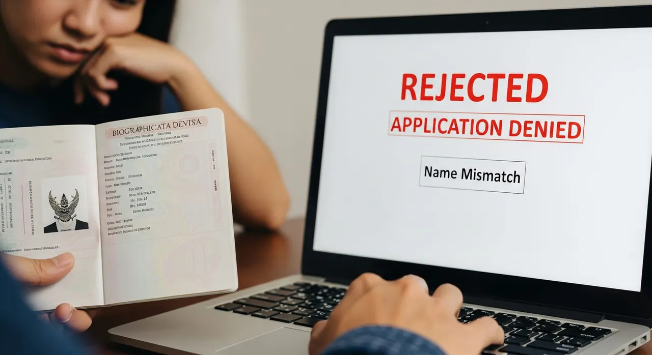 A frustrated applicant holding a passport next to a laptop showing a Thai e-Visa rejection notice for a name mismatch.