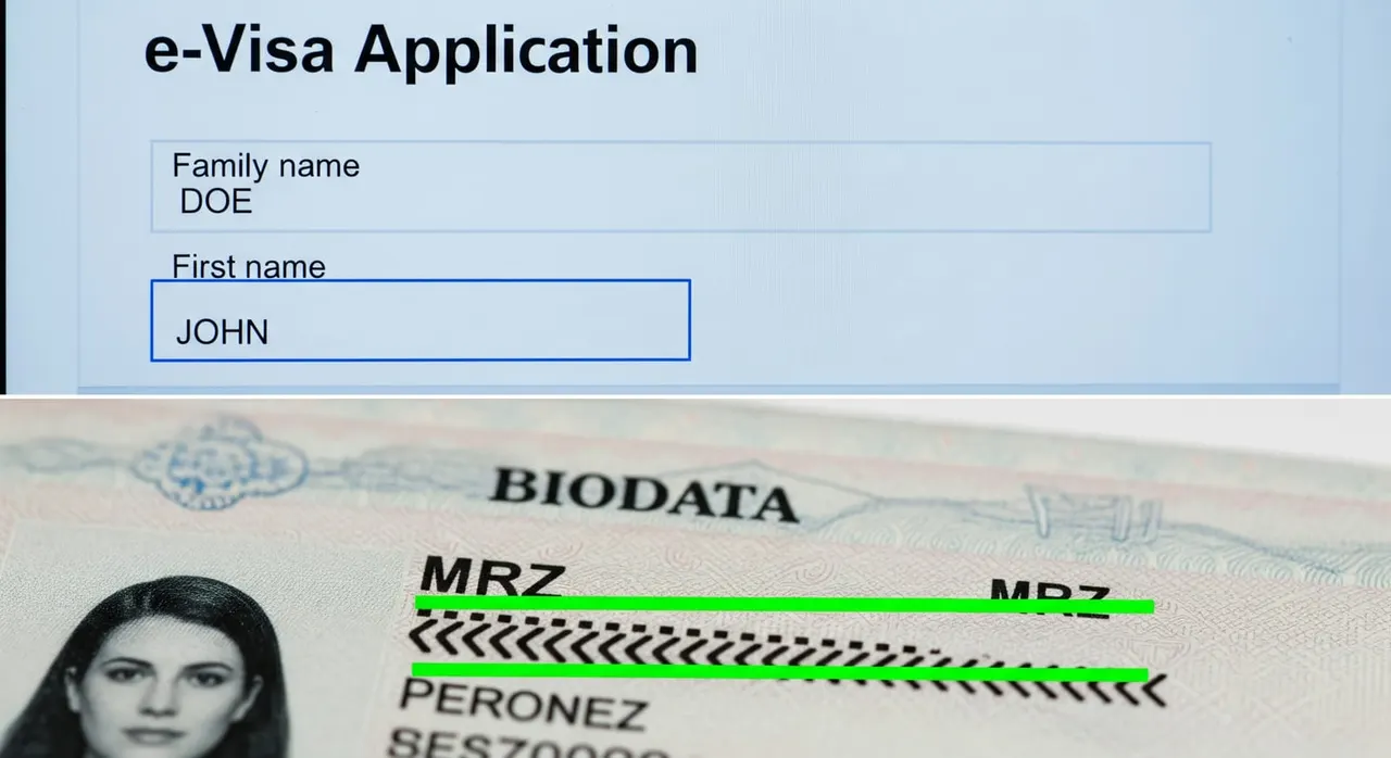 Close-up of a passport biodata page with the MRZ lines highlighted, and an e-Visa application form on screen showing the Family name and First name fields filled correctly.