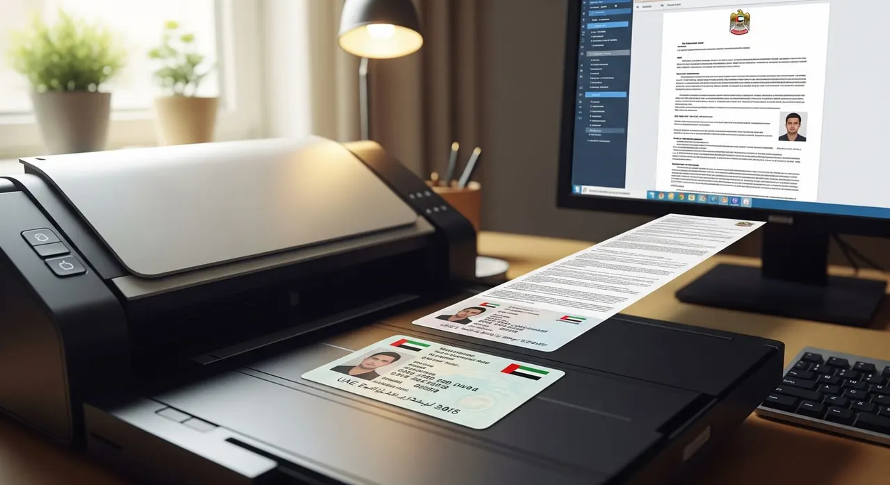 A flatbed scanner with a UAE Emirates ID card placed on it, showing both sides merging into one PDF on a computer screen, in a clean home office setting.