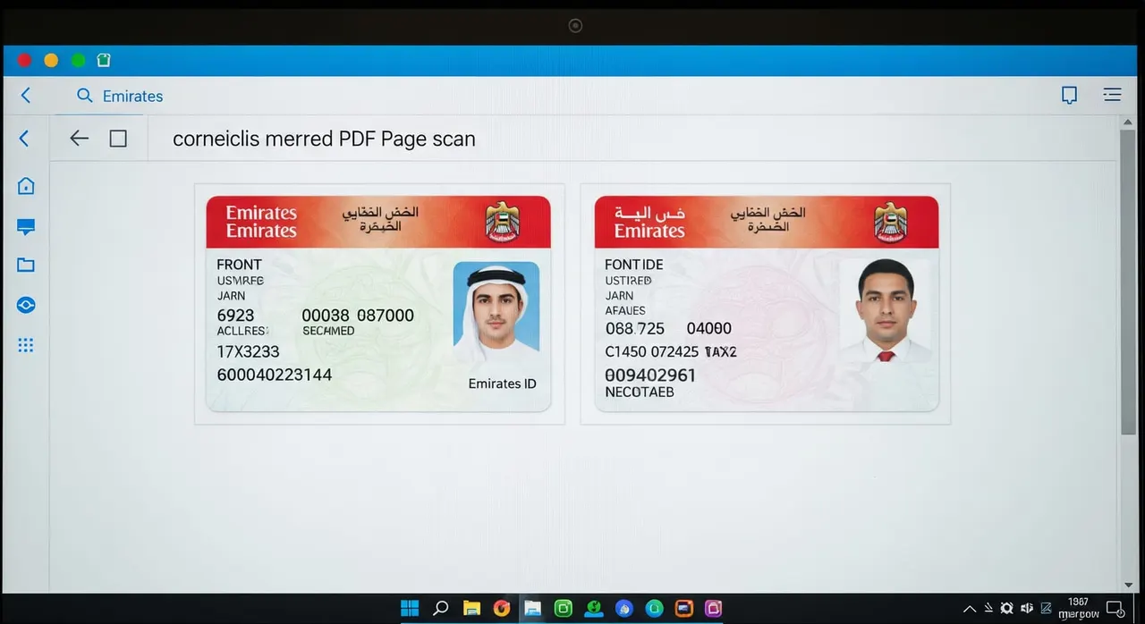 Example of a correctly merged Emirates ID scan: front and back sides displayed clearly as a two-page PDF on a screen, with no glare or cropping.