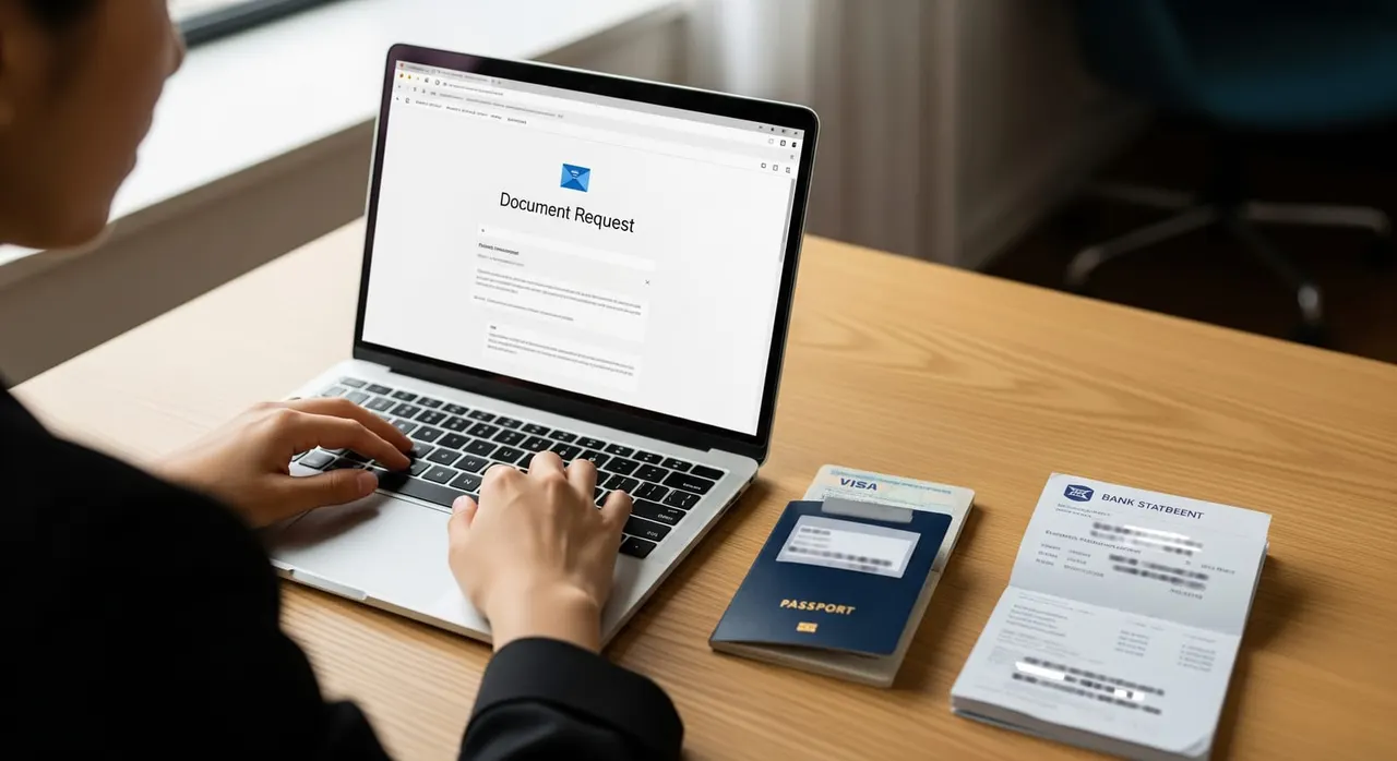 A person at a desk viewing a document request email on a laptop, with a passport and a single bank statement ready, illustrating selective response.