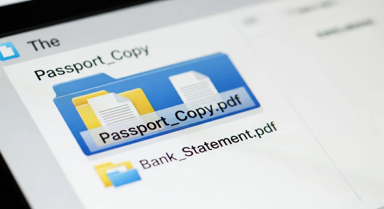 A neatly organized computer folder showing files labelled Passport_Copy.pdf, Bank_Statement.pdf and no extra files.