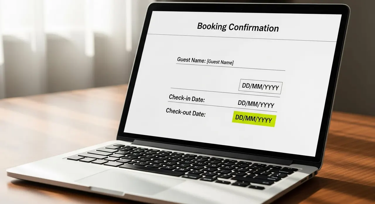 A sample hotel booking confirmation PDF on a laptop screen, showing guest name, check-in and check-out dates clearly highlighted, suitable for DTV accommodation proof.