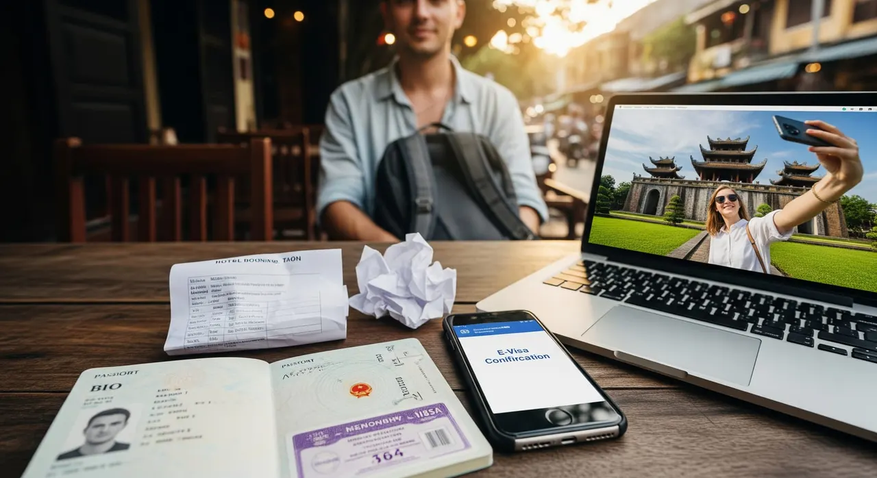 A traveler sitting at a table in Vietnam with a passport open to the bio page, a smartphone showing an e-visa, a hotel booking confirmation, and a laptop displaying a selfie at a temple.