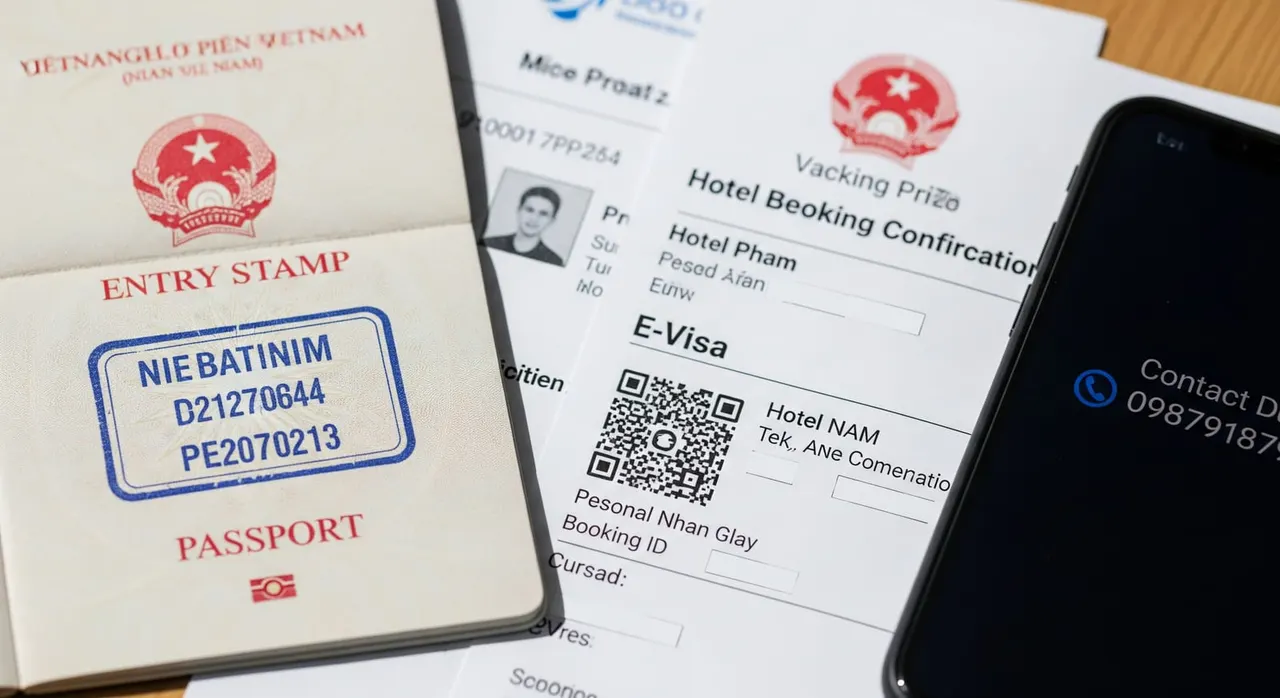 Close‑up of a Vietnamese entry stamp next to an e‑visa printout, a hotel booking confirmation, and a smartphone showing a contact number.