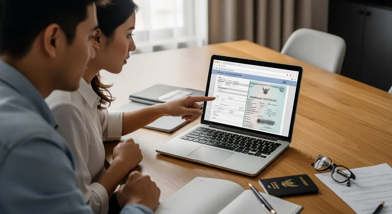 A couple reviewing their marriage certificate and Thai visa application on a laptop