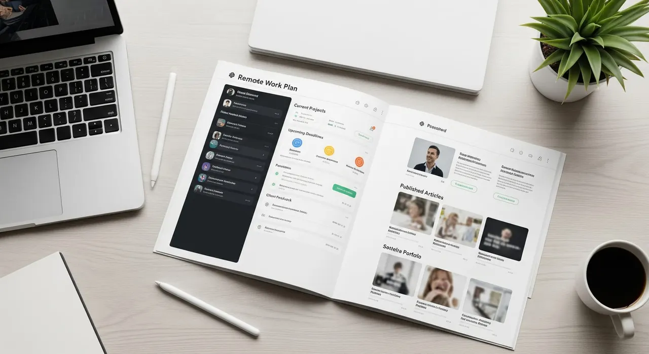 An example of a well‑prepared remote work plan PDF with screenshots of a freelancer’s dashboard and published articles.