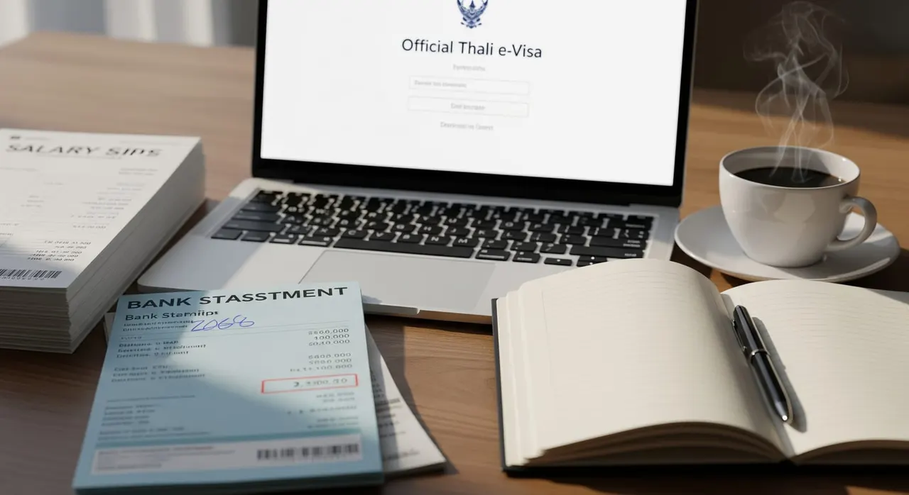 A close‑up of a desk with printed salary slips, a highlighted bank statement, and a laptop showing the Thai e‑Visa portal login screen, with a cup of coffee beside a notepad.