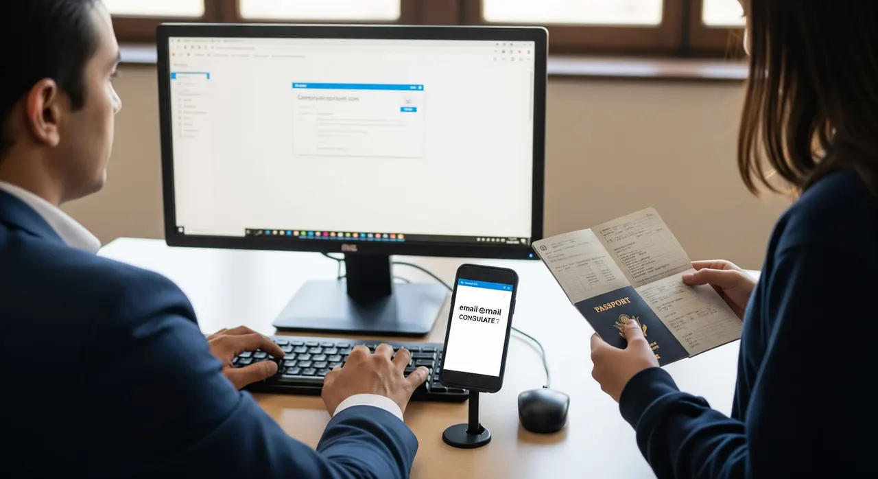A school administrator composing an official email on a computer, with a smartphone showing the consulate email address, while a student holds their passport.