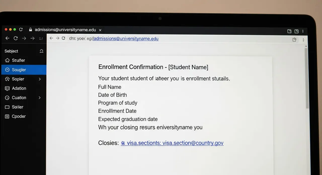 A clean computer screenshot showing an email from a school’s official domain to a consular email address, confirming student enrollment details.