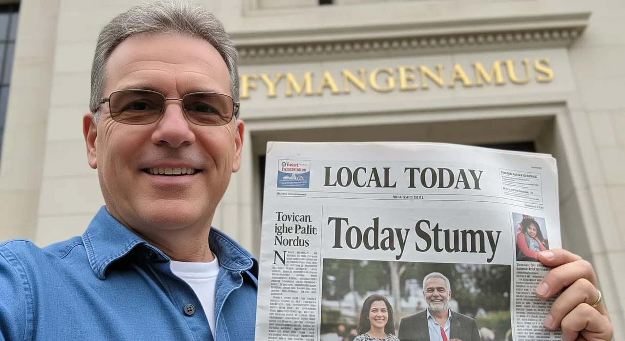 Example of a correctly formatted selfie for a DTV request: a tourist holding a same-day newspaper with a visible date, standing in front of a clearly named attraction, with the photo file’s EXIF data unaltered.