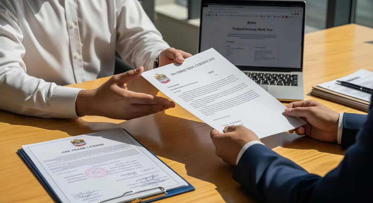 A UAE professional receiving a formal No Objection Certificate on company letterhead from their employer, with a trade license document visible on a desk, preparing for a remote work visa application to Thailand.