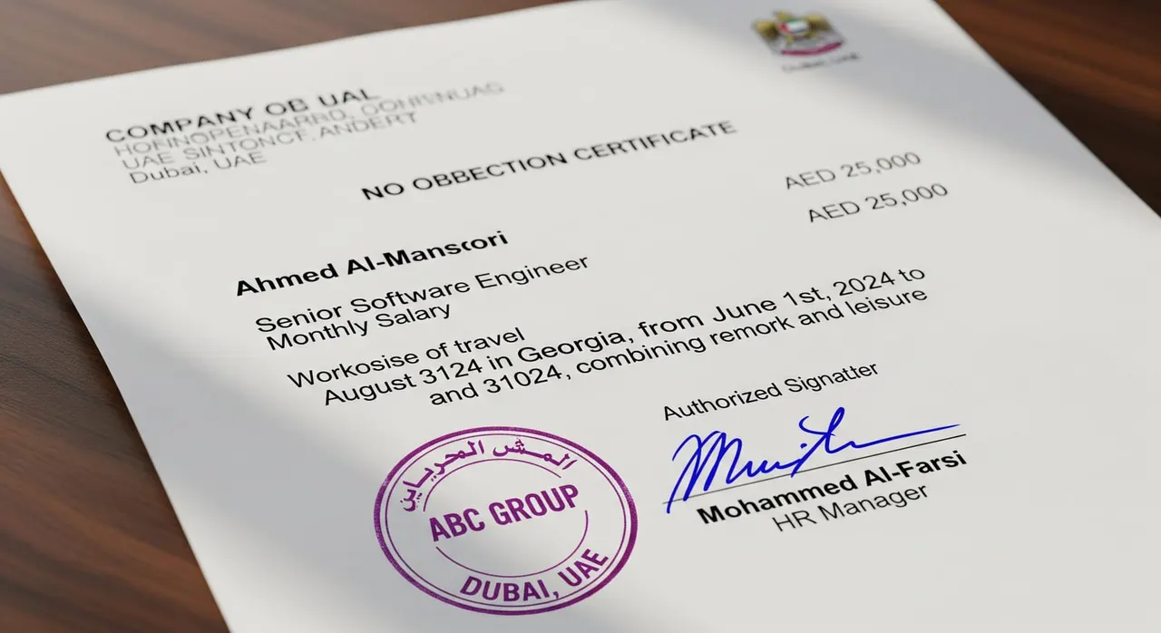 A close-up of a UAE company's official letterhead with a No Objection Certificate for workation, clearly showing the employee's name, position, salary, purpose of travel, an authorised signature, and company stamp.