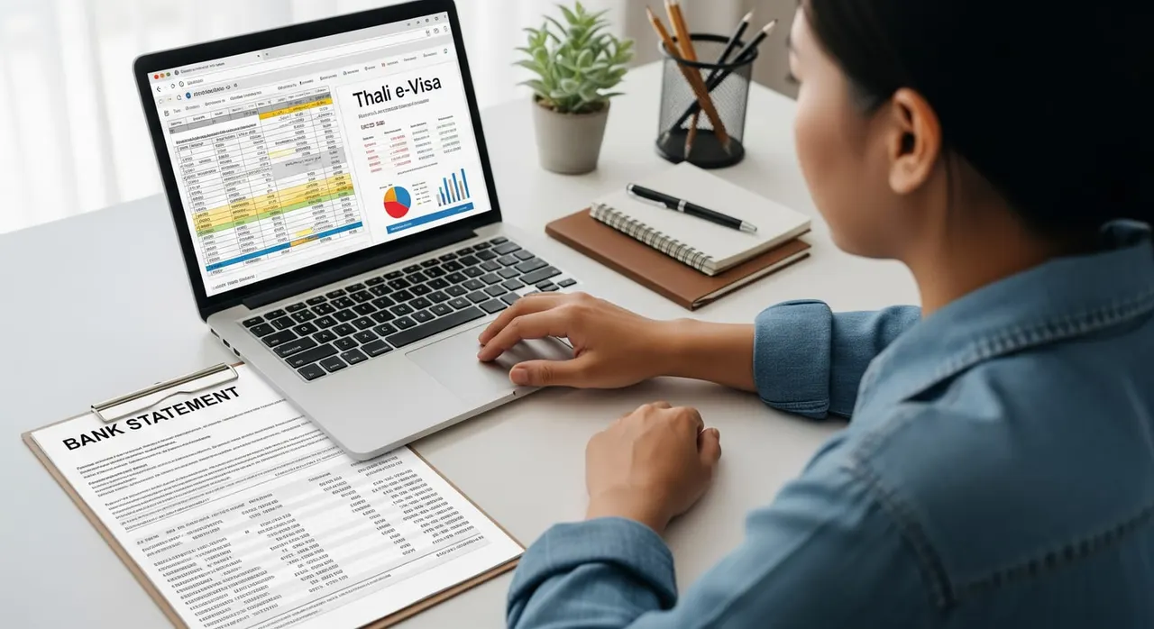 A calm person at a laptop drafting a financial plan while a Thai e-Visa webpage and a bank statement sit open on a tidy desk.