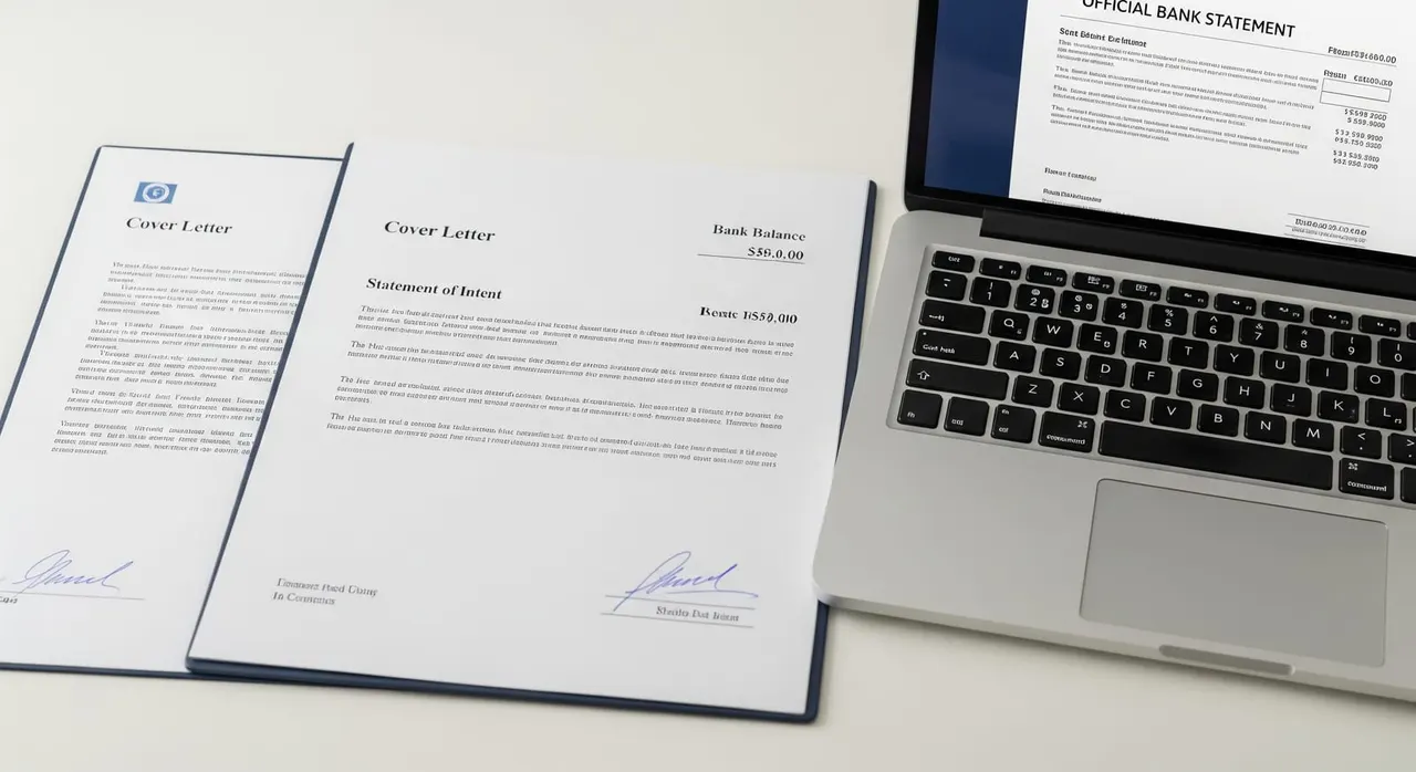 A sample single-page signed cover letter with bank balance details and a short statement of intent, alongside an official bank statement PDF on screen.