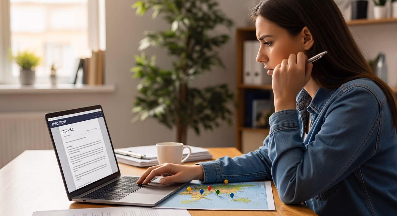 Frustrated applicant reading DTV visa rejection email on laptop, planning next steps.