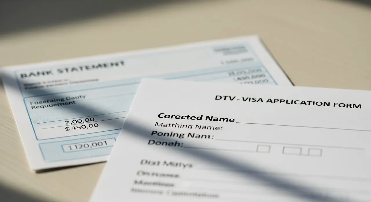 Corrected DTV visa application form with name matching passport, and bank statement showing sufficient balance.