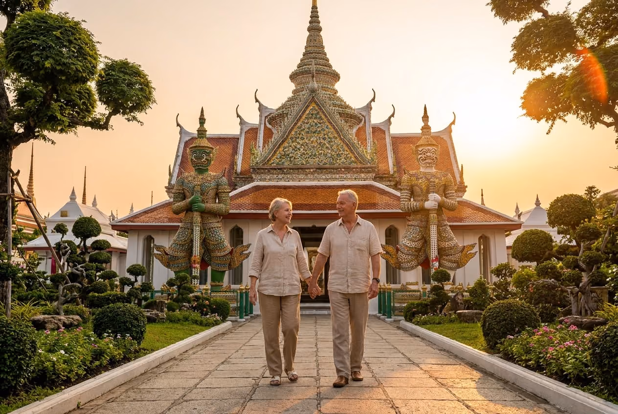 Retired couple walking to a Thai temple at sunset